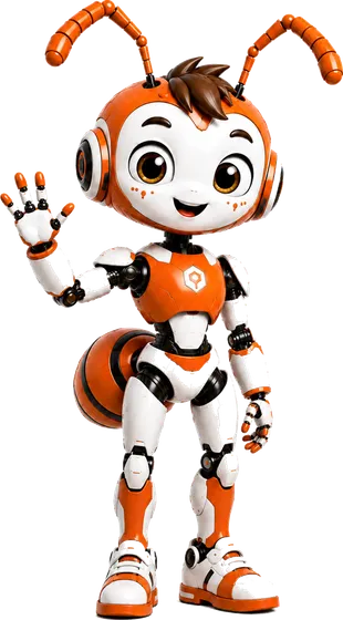 An Antly ant robot waving hello from the corner of the menu
