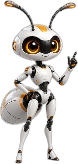 Support Specialist: a sleek white ant robot with glowing orange eyes