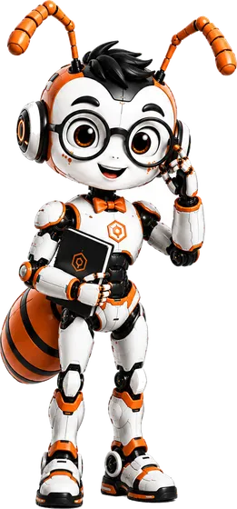 Antly ant robot in glasses holding a tablet